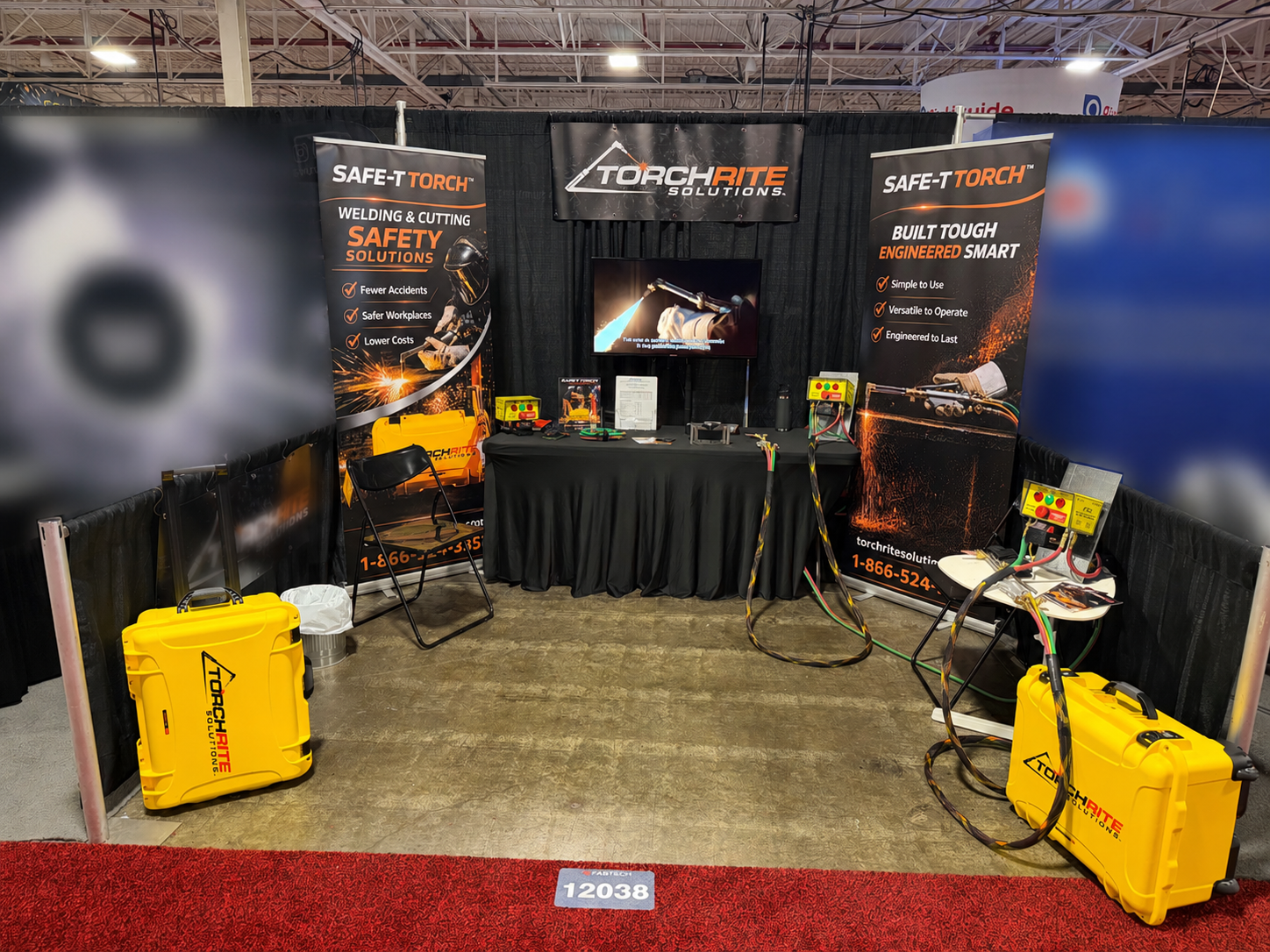 TorchRite Solutions booth display at FABTECH Canada 2026 featuring Safe-T Torch branding, cutting torch safety messaging, and demonstration equipment.